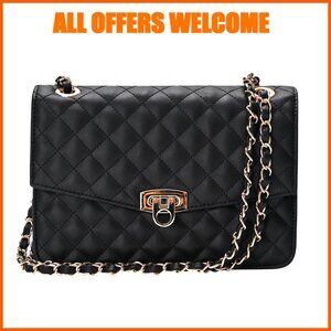 Quilted Shoulder Bag with Chain Strap, Faux Leather, Convertible Crossbody Purse